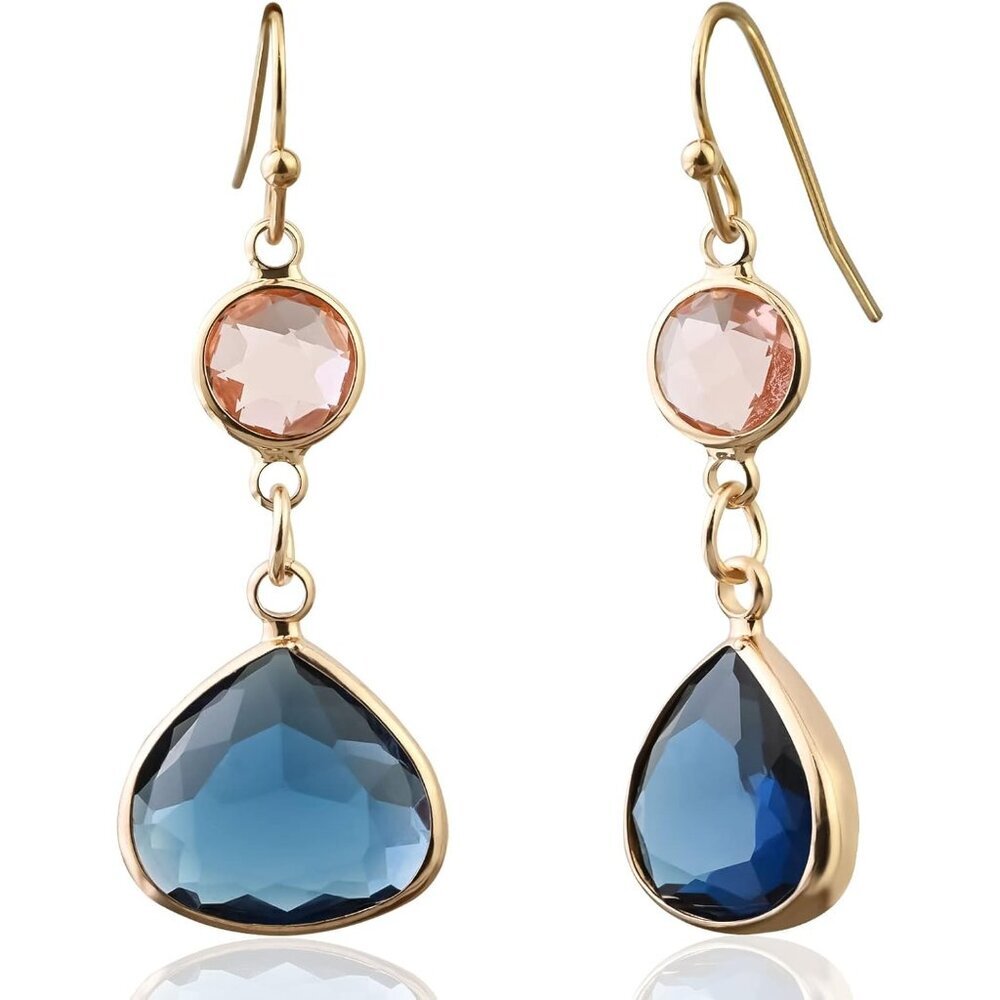 Sapphire Blue Dangle Earrings Blue Topaz Gold Handmade Aquamarine Drop Earrings - Picture 1 of 7